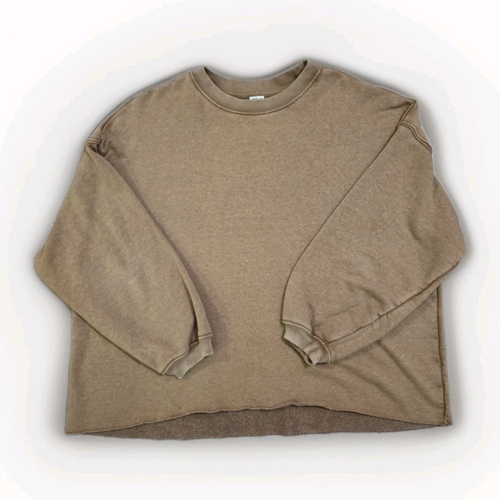 Aerie Women's Oversized Cropped Sweatshirt XS Brown Tan Raw Hem Pullover Top